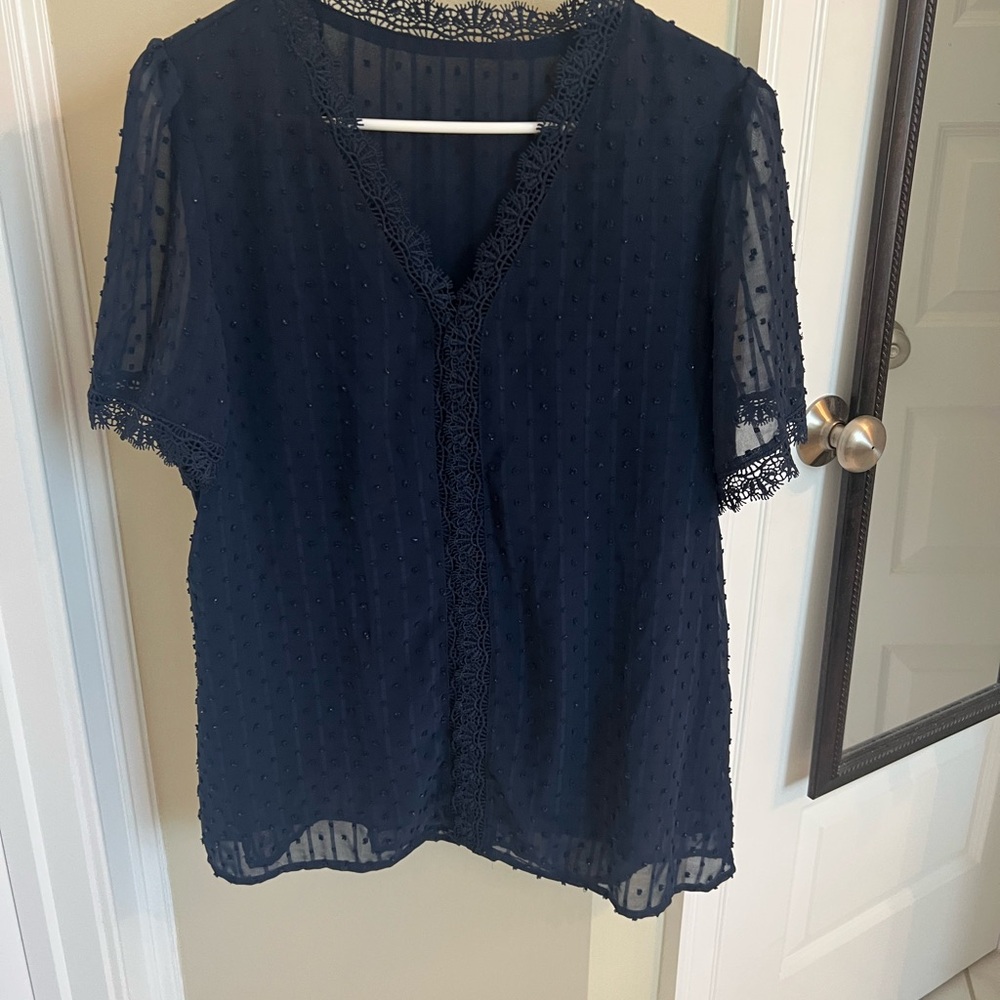 Elegant Navy Lace Trim Women's Top